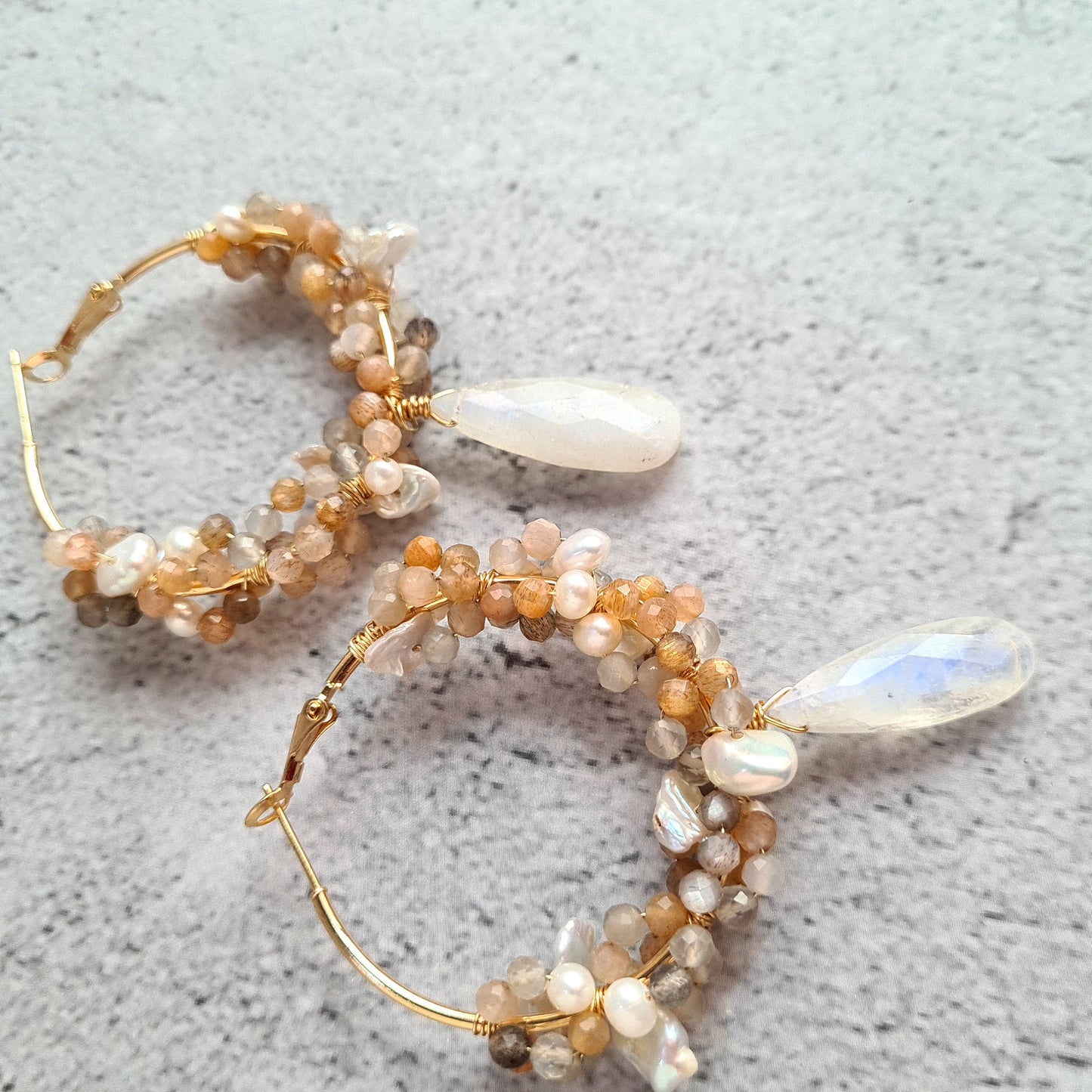 Hoop Fresh Water Pearl, Rainbow Moonstone & Multi Moonstone cluster wrapped Hoop Earrings