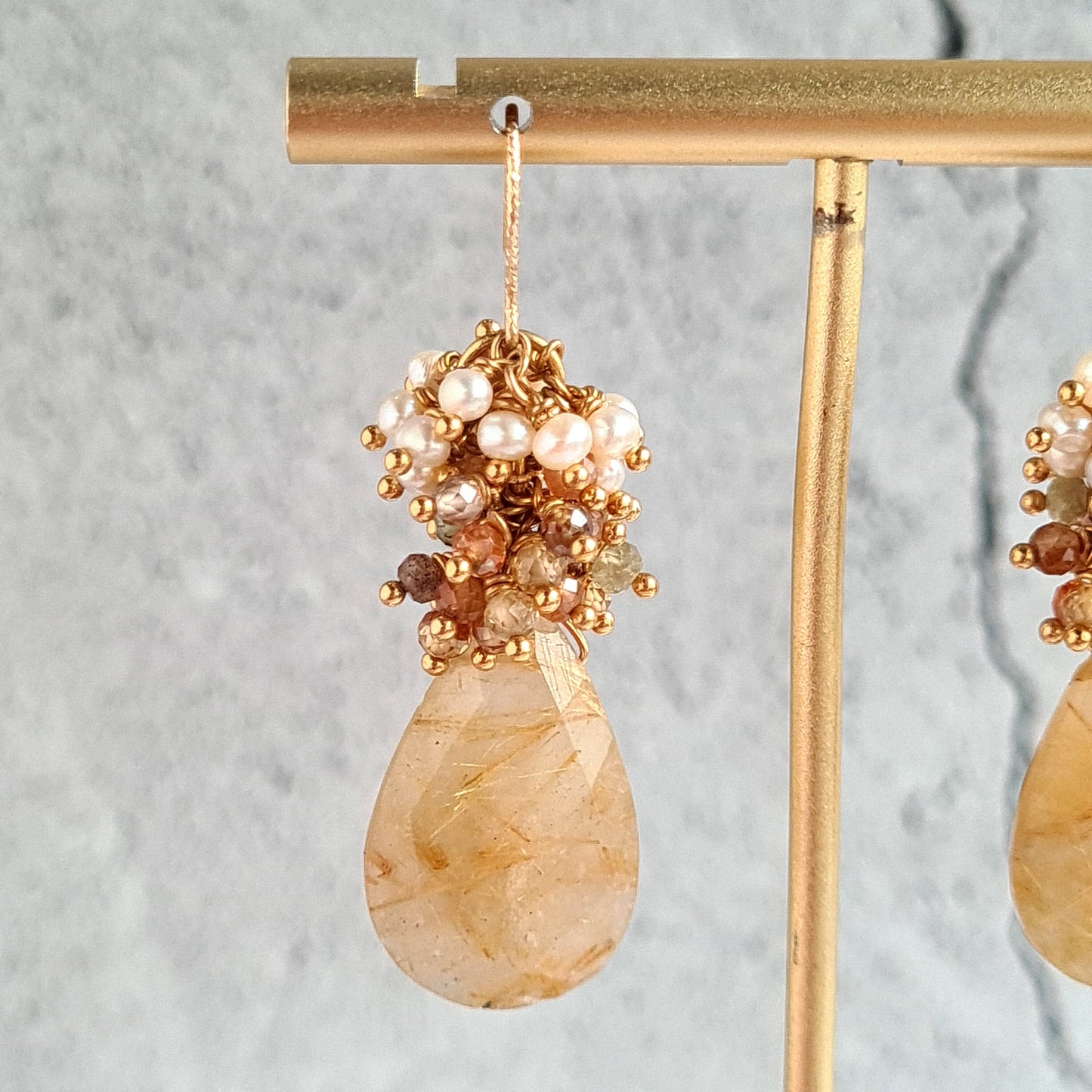 Golden Rutile with multi zircon & fresh water pearl cluster earrings