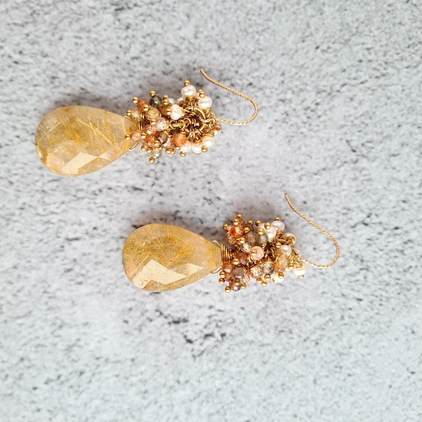 Golden Rutile with multi zircon & fresh water pearl cluster earrings