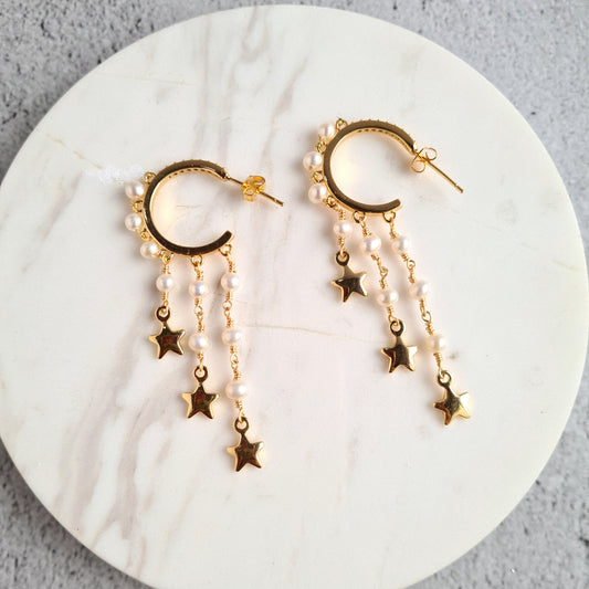 Fresh Water Pearl Half Hoop with Fresh Water Pearl and Star Charm Tassel
