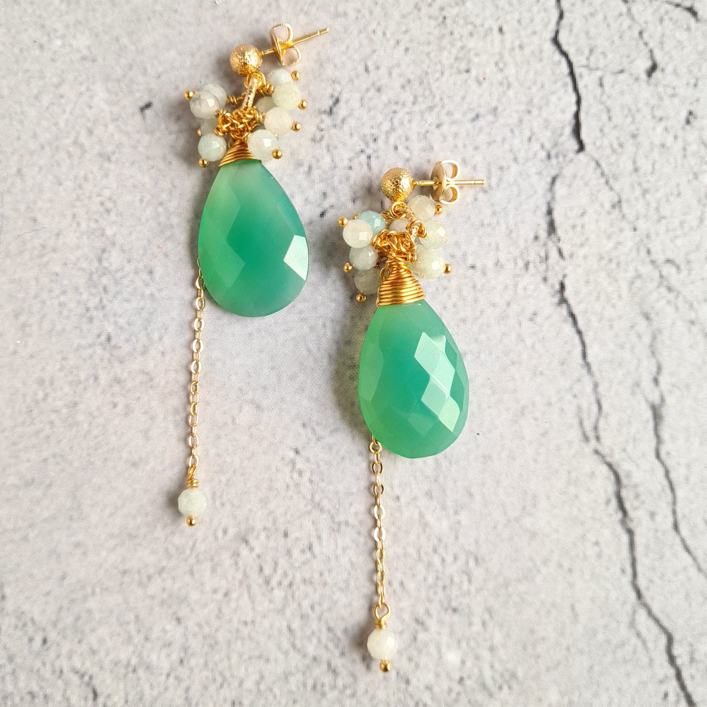 Parrot Green Chalcedony with Jade Cluster Gemstone Earrings