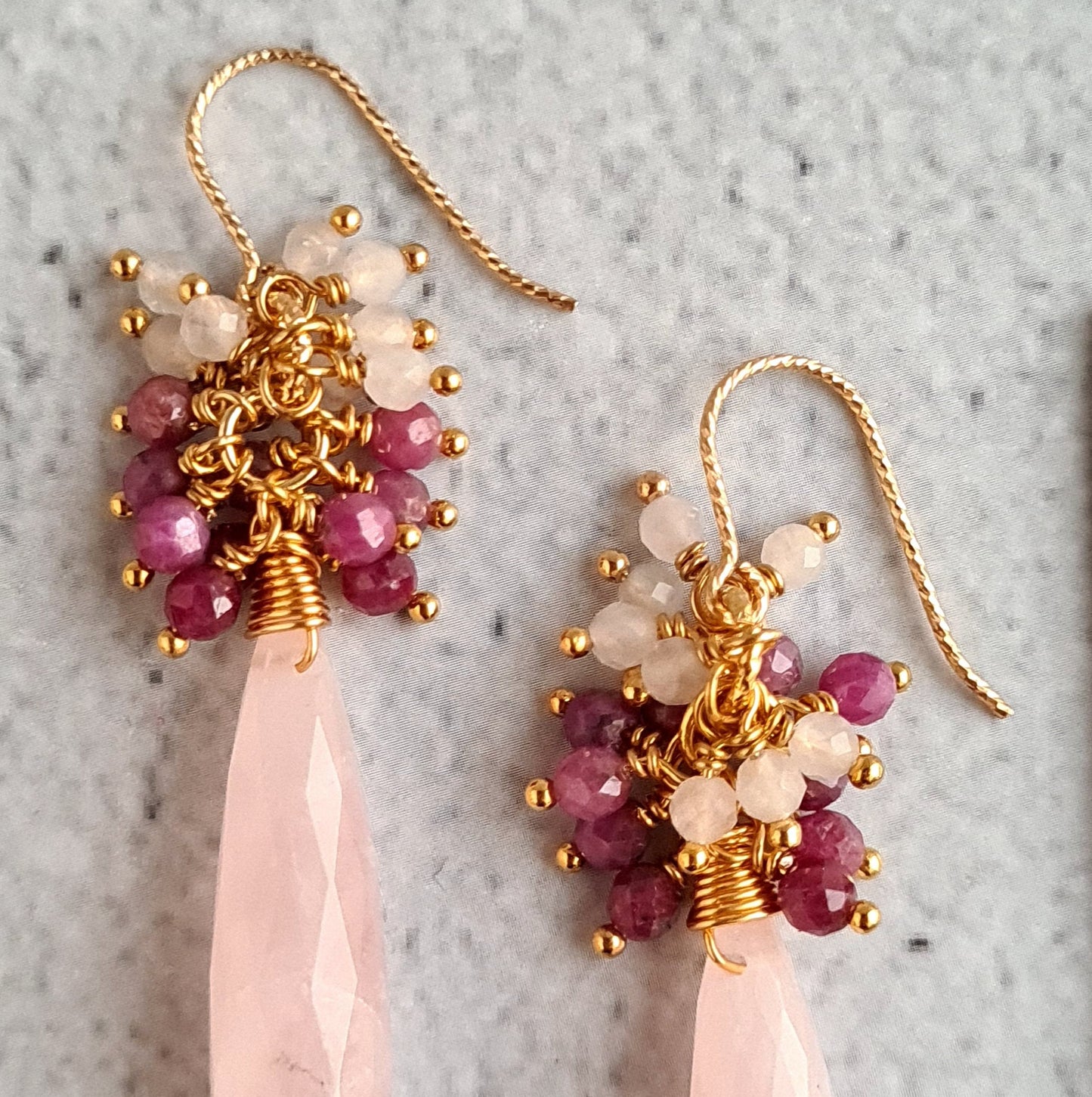 Rose Quartz Faceted Drops with Sri Lankan Ruby and Rose Quartz Round Cluster Gemstone Earrings