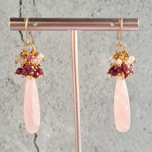 Rose Quartz Faceted Drops with Sri Lankan Ruby and Rose Quartz Round Cluster Gemstone Earrings