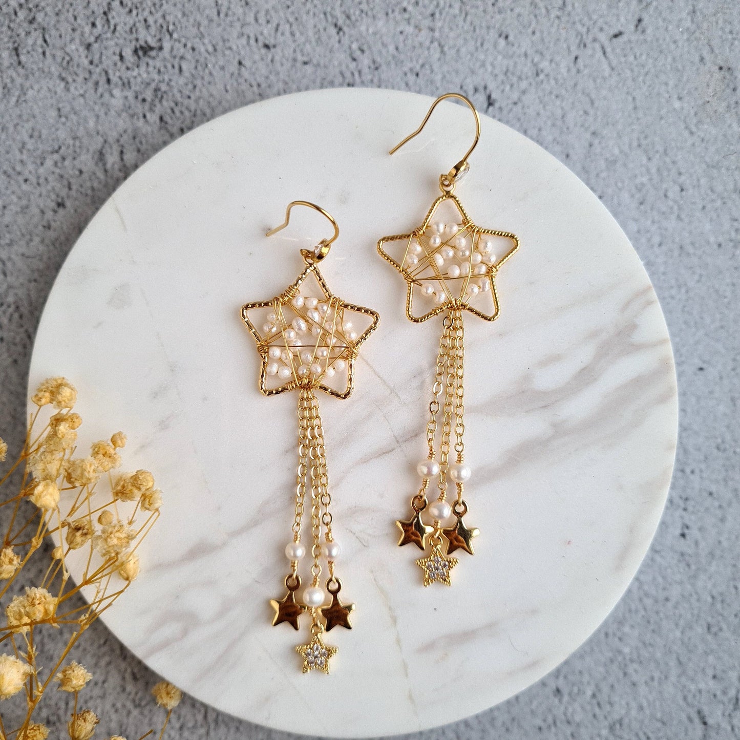 Star wrapped with fresh water pearl with star tassel Earrings