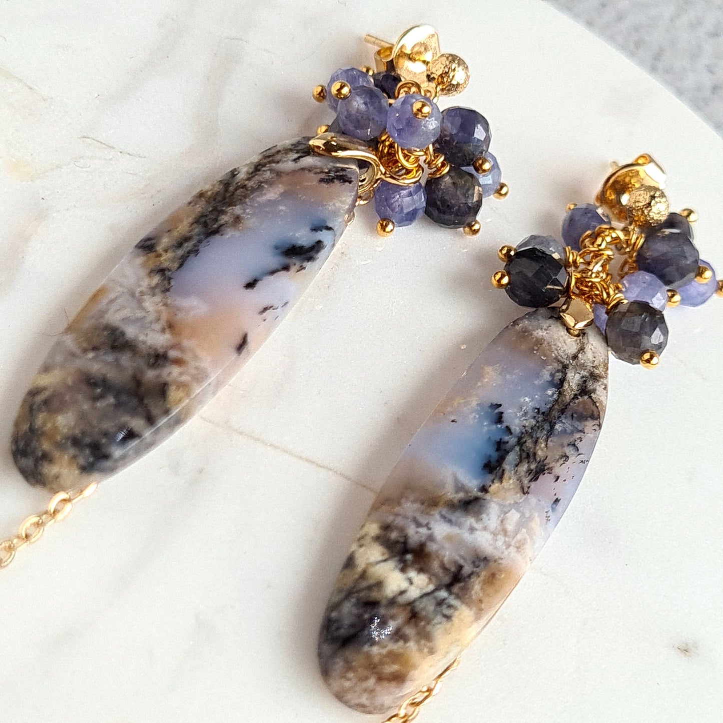 Arborization Opal with Iolite & Tanzanite Gemstone Cluster Earrings
