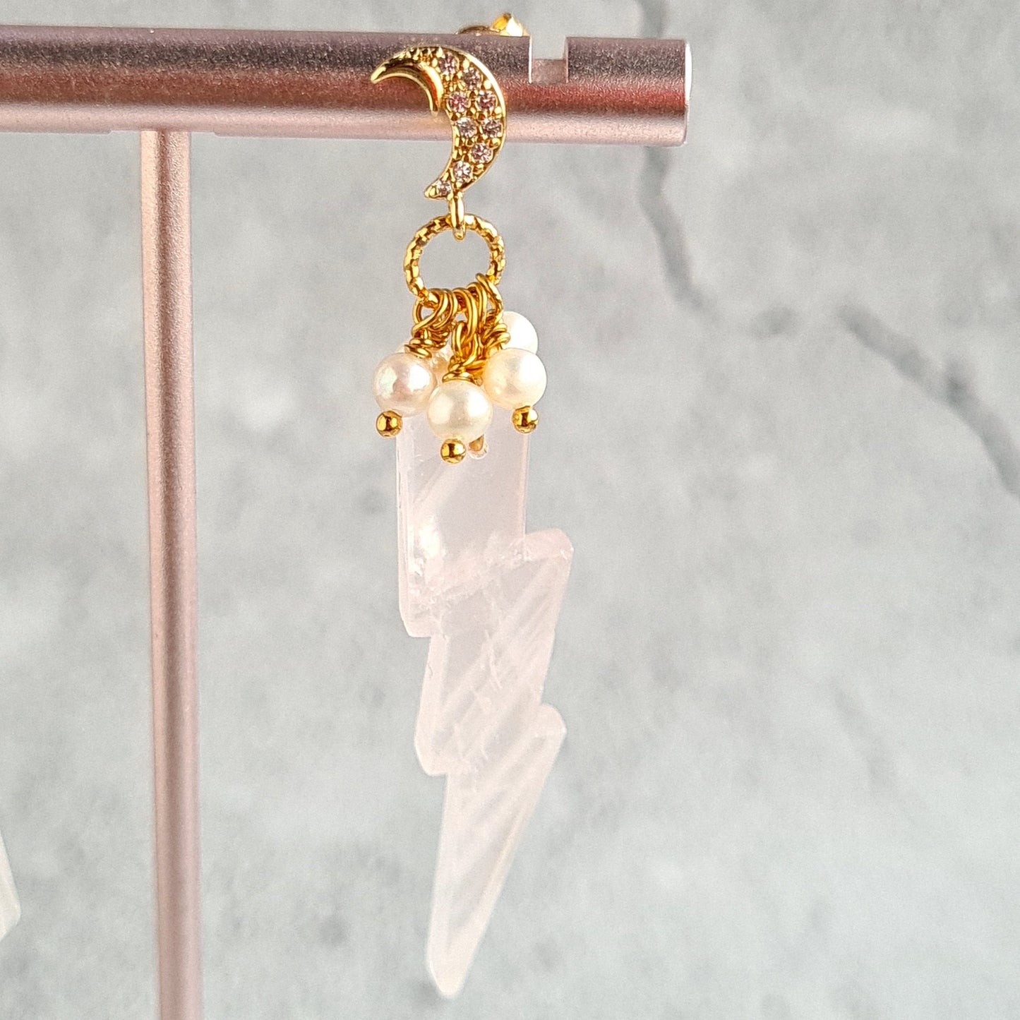 Rose Quartz Carved to Lightning Shape dressed with Fresh Water Pearl with Moon & Star Post Gemtone Earrings