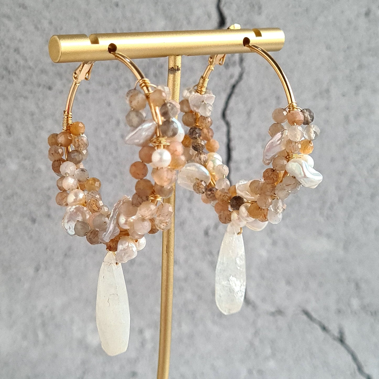 Hoop Fresh Water Pearl, Rainbow Moonstone & Multi Moonstone cluster wrapped Hoop Earrings