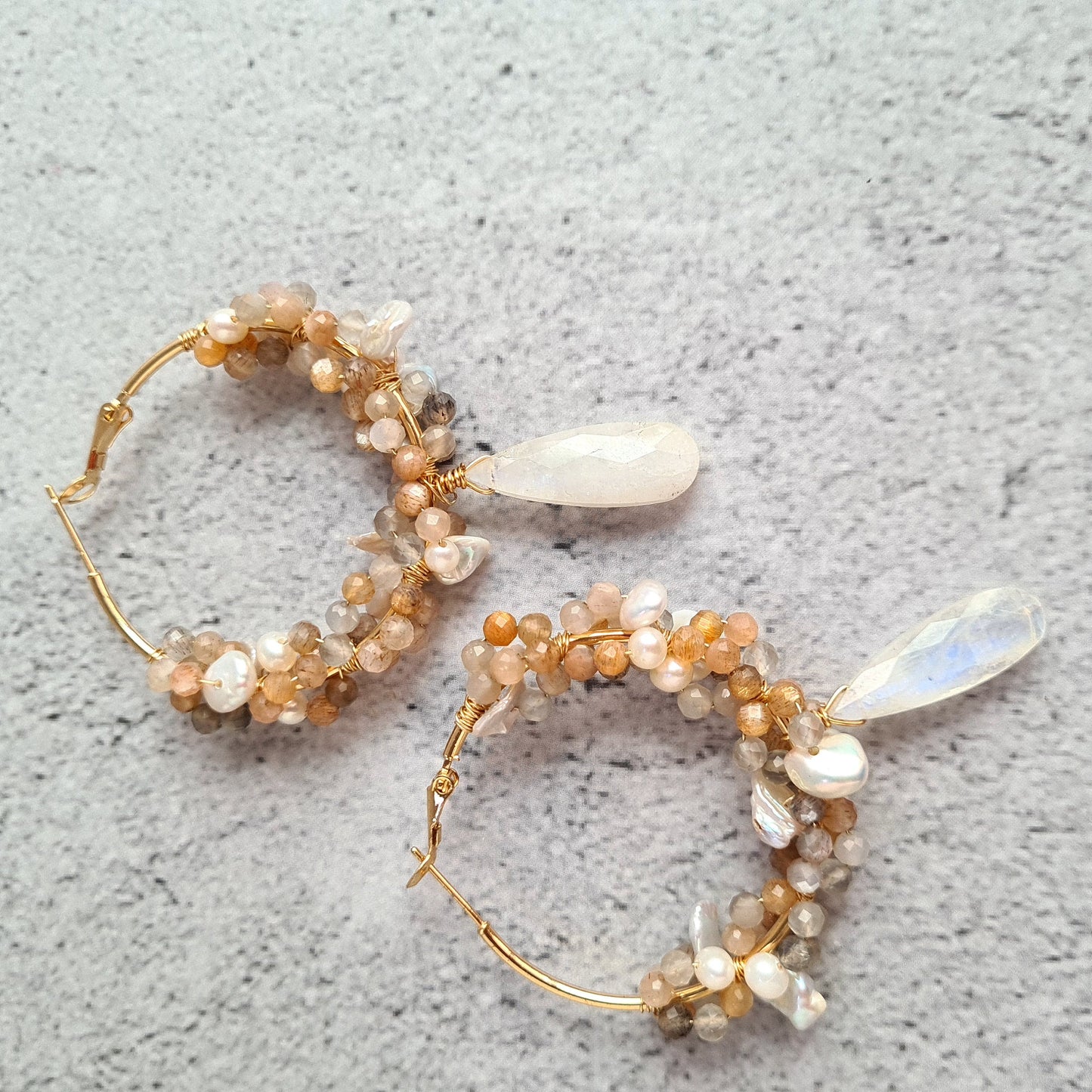 Hoop Fresh Water Pearl, Rainbow Moonstone & Multi Moonstone cluster wrapped Hoop Earrings