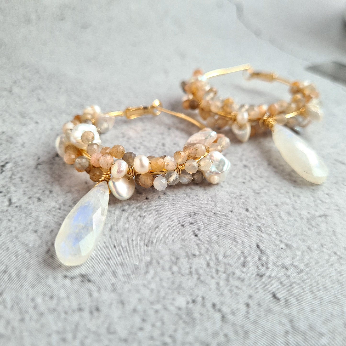 Hoop Fresh Water Pearl, Rainbow Moonstone & Multi Moonstone cluster wrapped Hoop Earrings