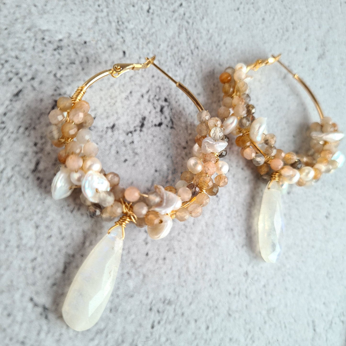 Hoop Fresh Water Pearl, Rainbow Moonstone & Multi Moonstone cluster wrapped Hoop Earrings