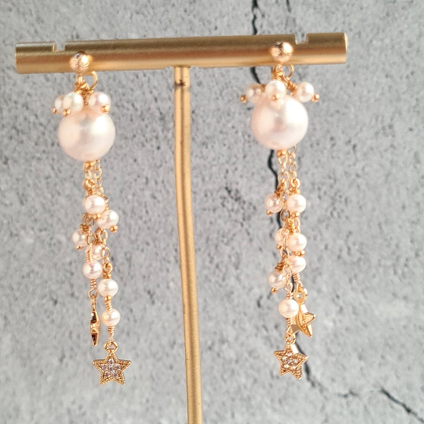 Fresh Water Pearl Cluster Earring with Embellished Trail of Pearl and Star Charm