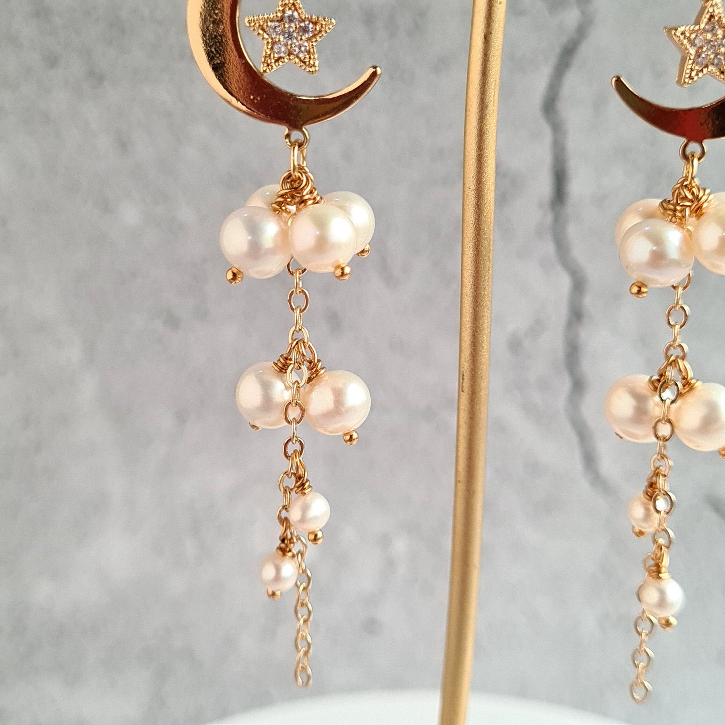 Fresh Water Pearl Cluster Earring with Half Crescent & Star Charm
