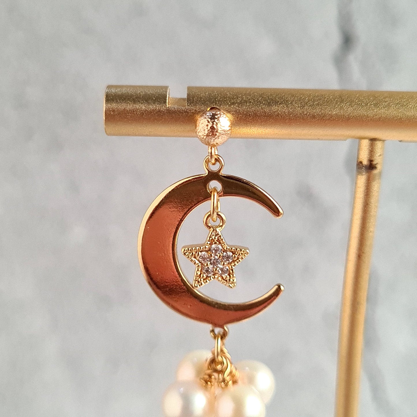 Fresh Water Pearl Cluster Earring with Half Crescent & Star Charm