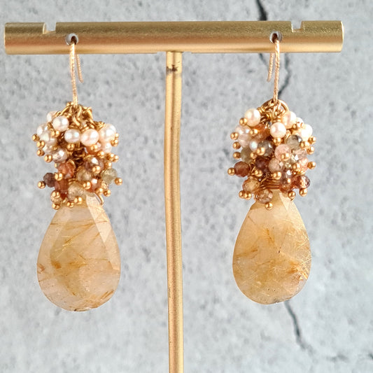 Golden Rutile with multi zircon & fresh water pearl cluster earrings