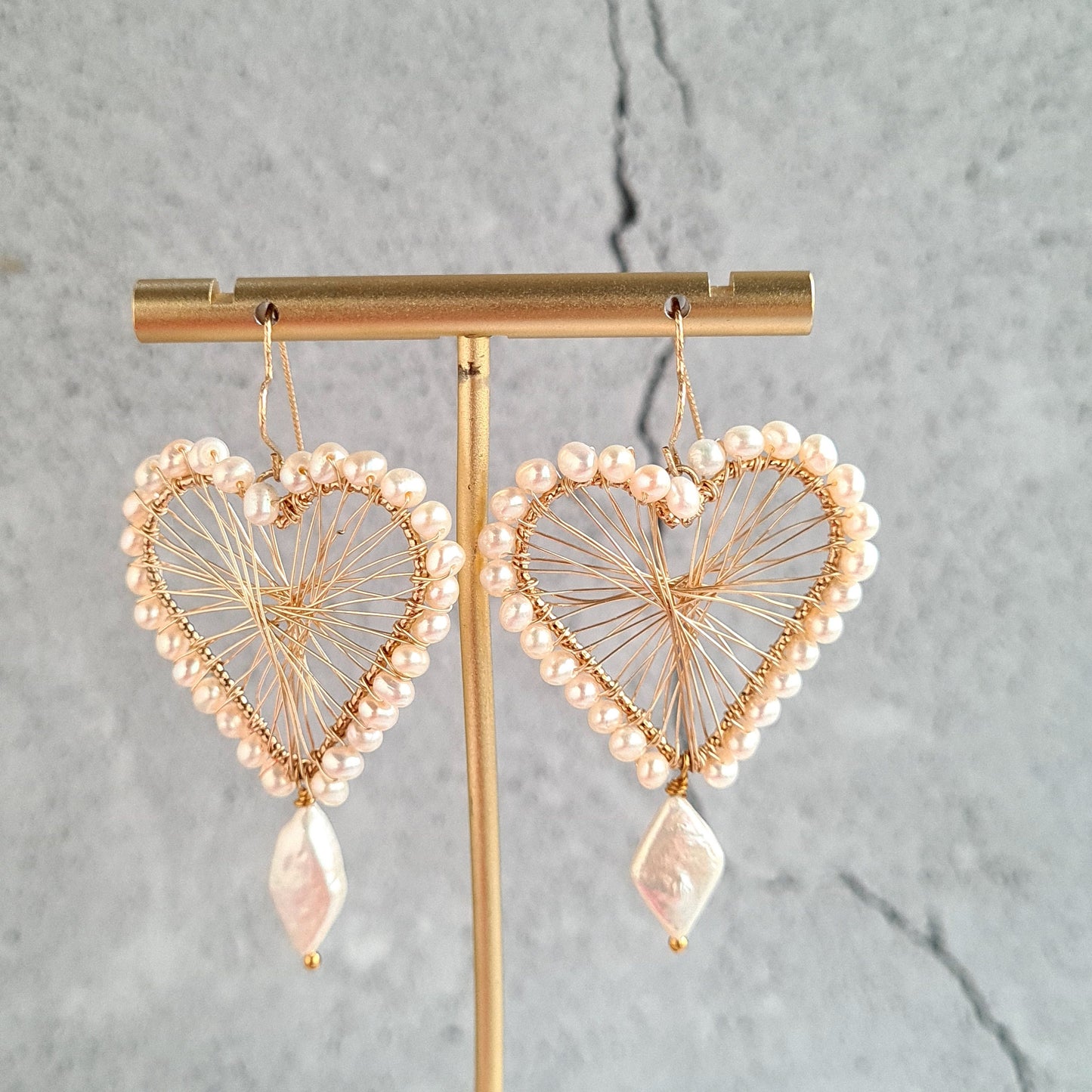 Heart Maze Frame embellished with fresh water pearl, with a diamond fresh water pearl drop, hung on a heart shape ear wire