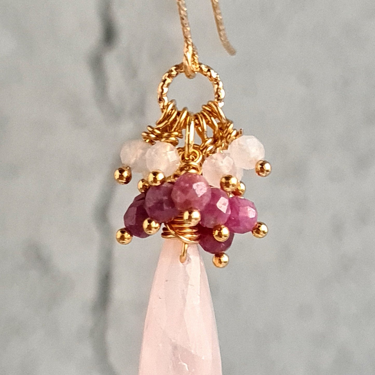 Rose Quartz Faceted Drops with Sri Lankan Ruby and Rose Quartz Round Cluster Gemstone Earrings