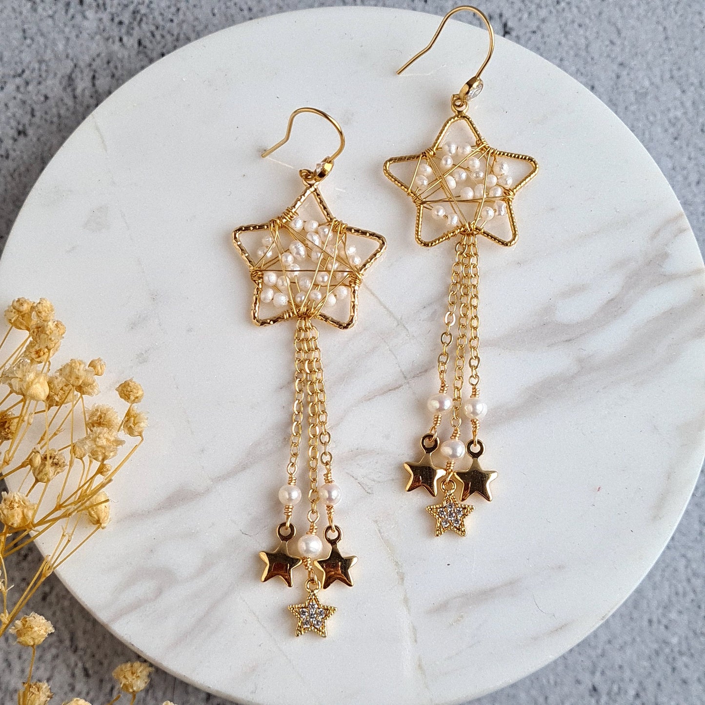 Star wrapped with fresh water pearl with star tassel Earrings