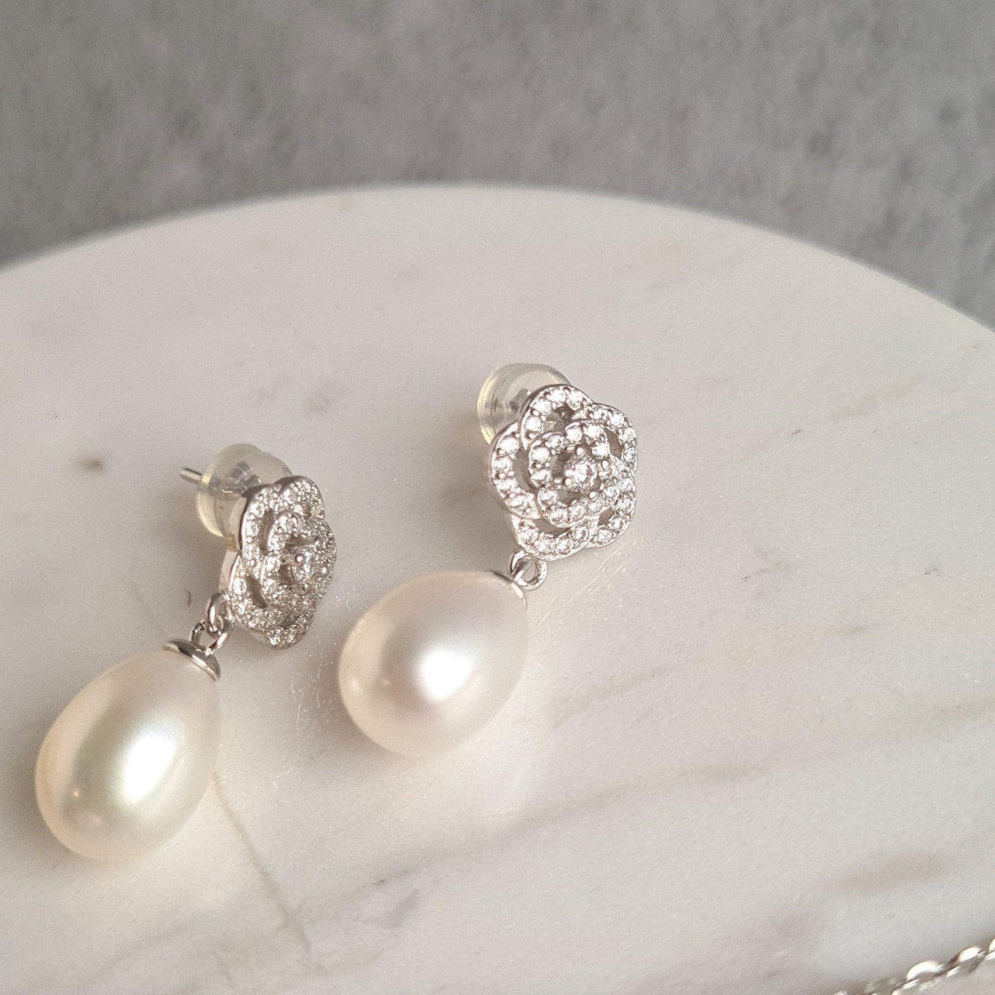 AAA Quality Oval Fresh Water Pearl with Rose design Sterling Silver Stud with Cubic Zirconia Crystal Earrings