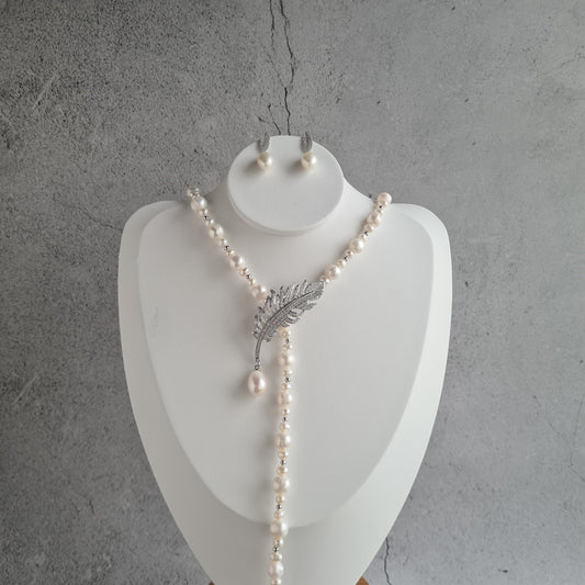 Fresh Water Pearl Lariat Necklace with feather Clasp & Feather Stud Earrings Set