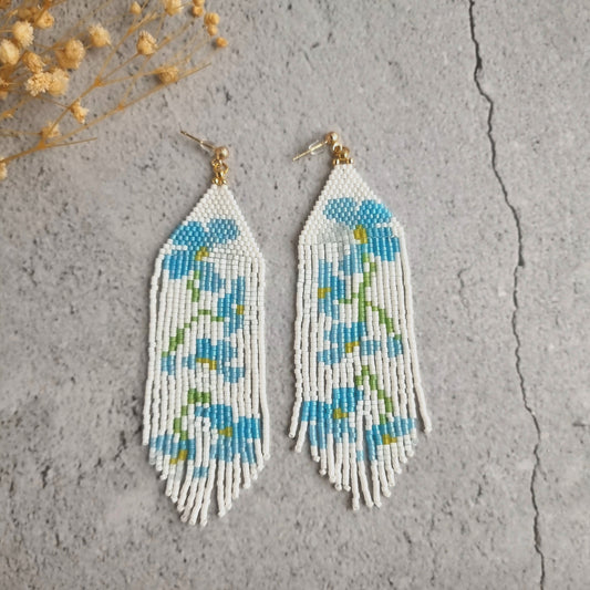 Forget Me Not - Shoulder Grazer-  Fringe Earrings - White Background