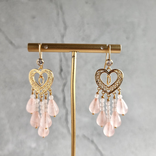 Heart Chandelier Gemstone Earrings - Rose Quartz