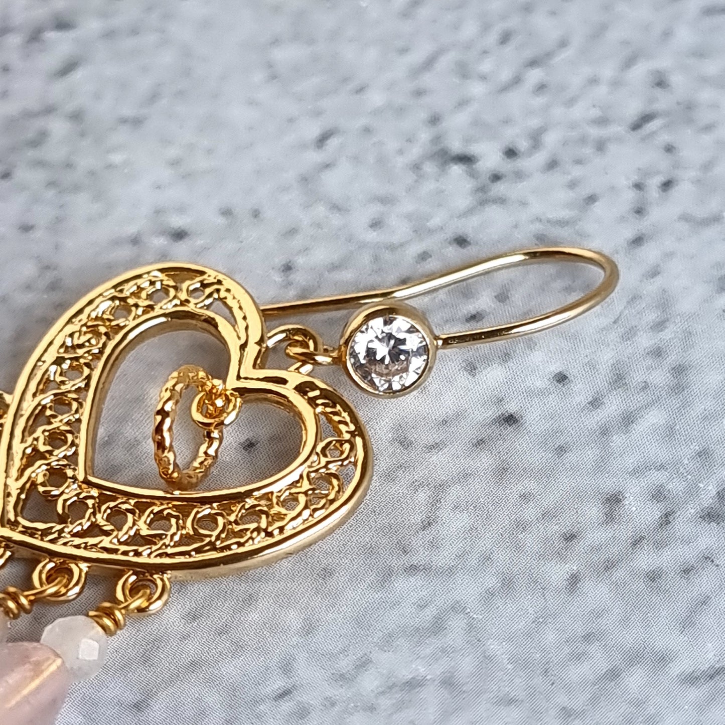 Heart Chandelier Gemstone Earrings - Rose Quartz