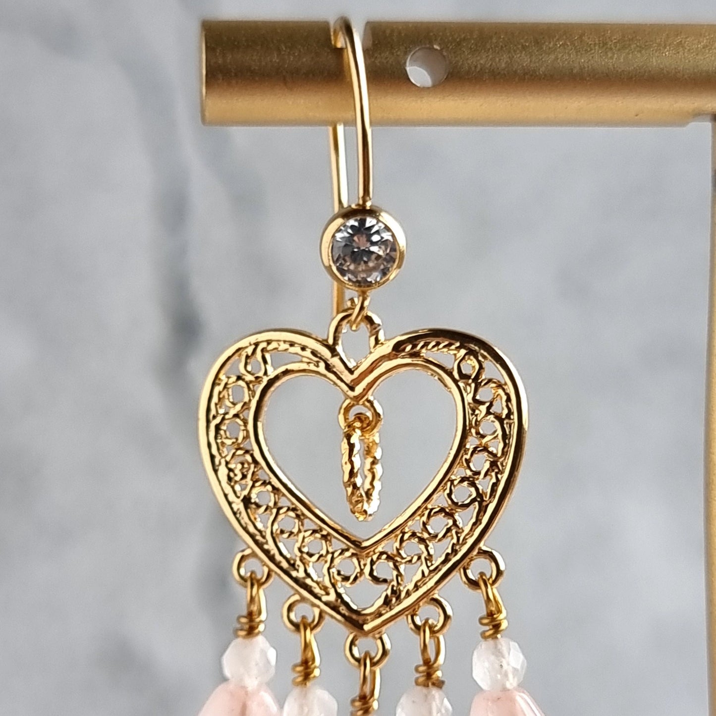 Heart Chandelier Gemstone Earrings - Rose Quartz