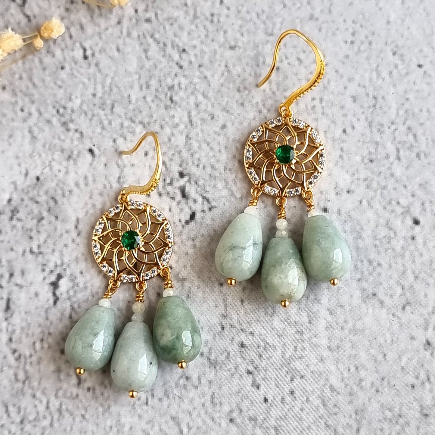 Round Chandelier Gemstone Earrings - Jade