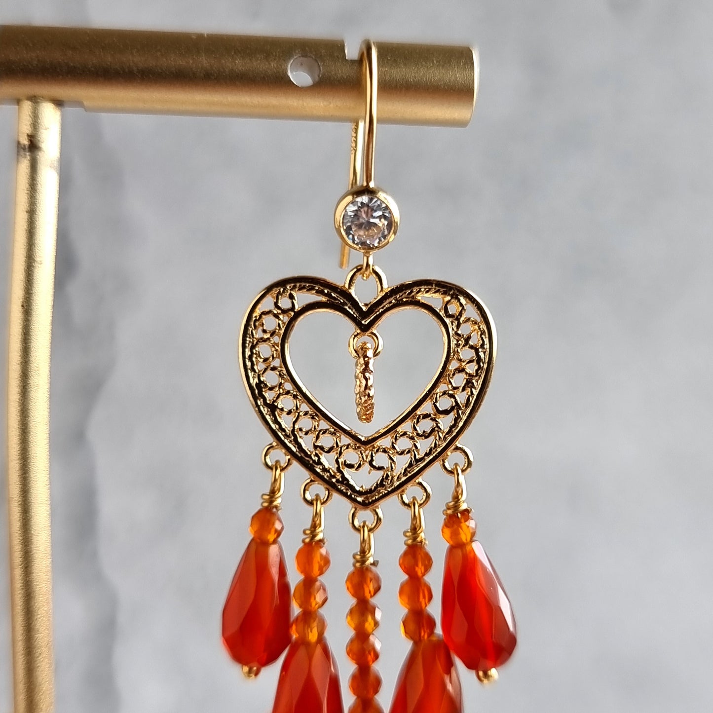 Heart Chandelier Gemstone Earrings - Carnelian