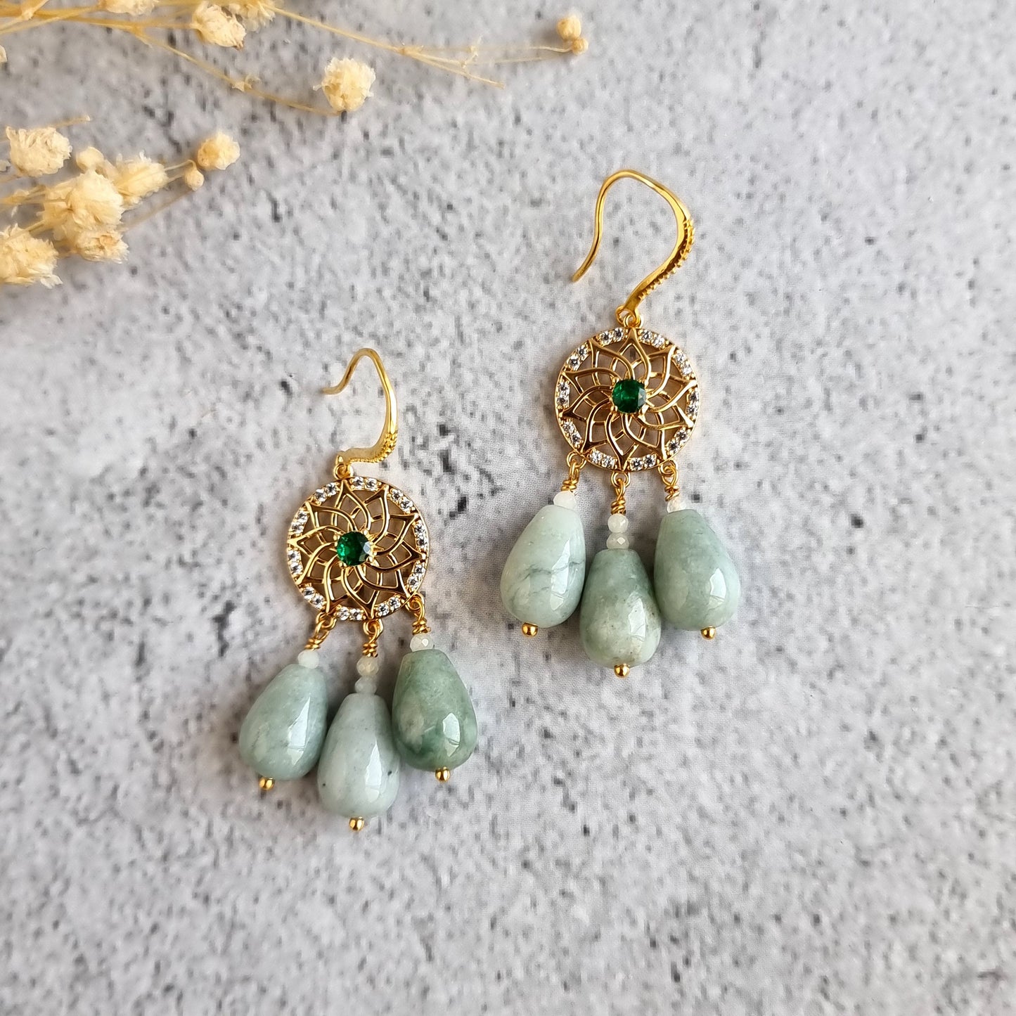 Round Chandelier Gemstone Earrings - Jade