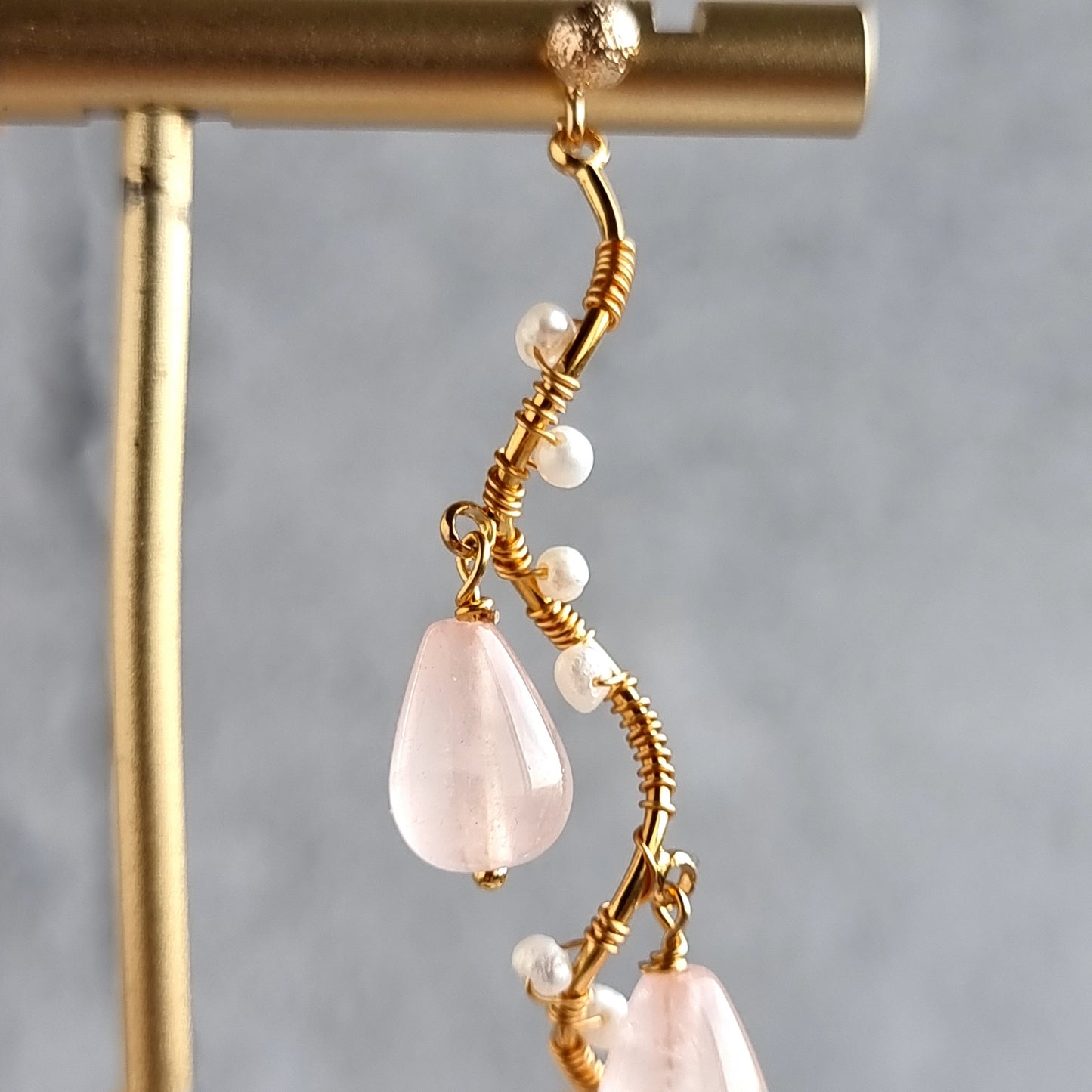Vine Gemstone & Fresh Water Pearl Earrings - Rose Quartz