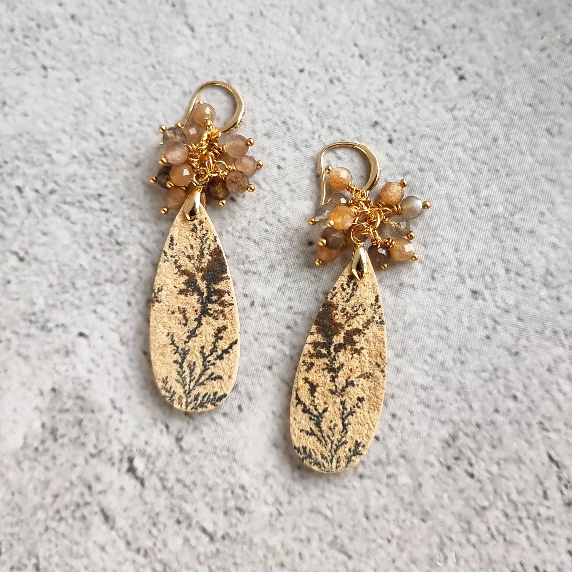 Psilomelane with multi moonstone cluster Gemstone Earrings