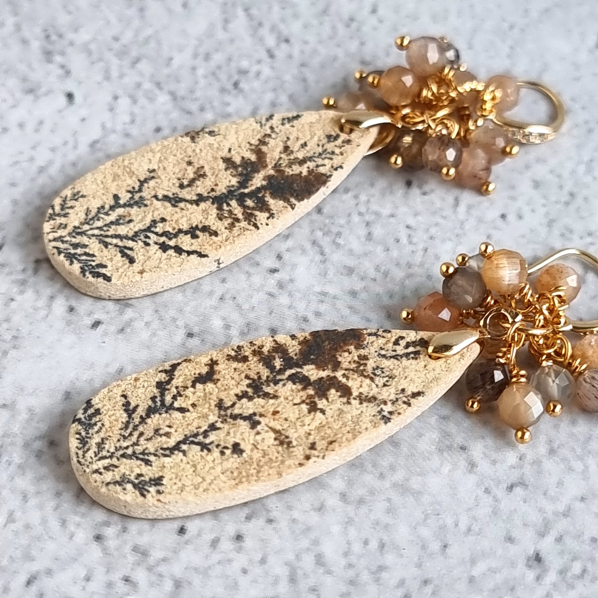 Psilomelane with multi moonstone cluster Gemstone Earrings