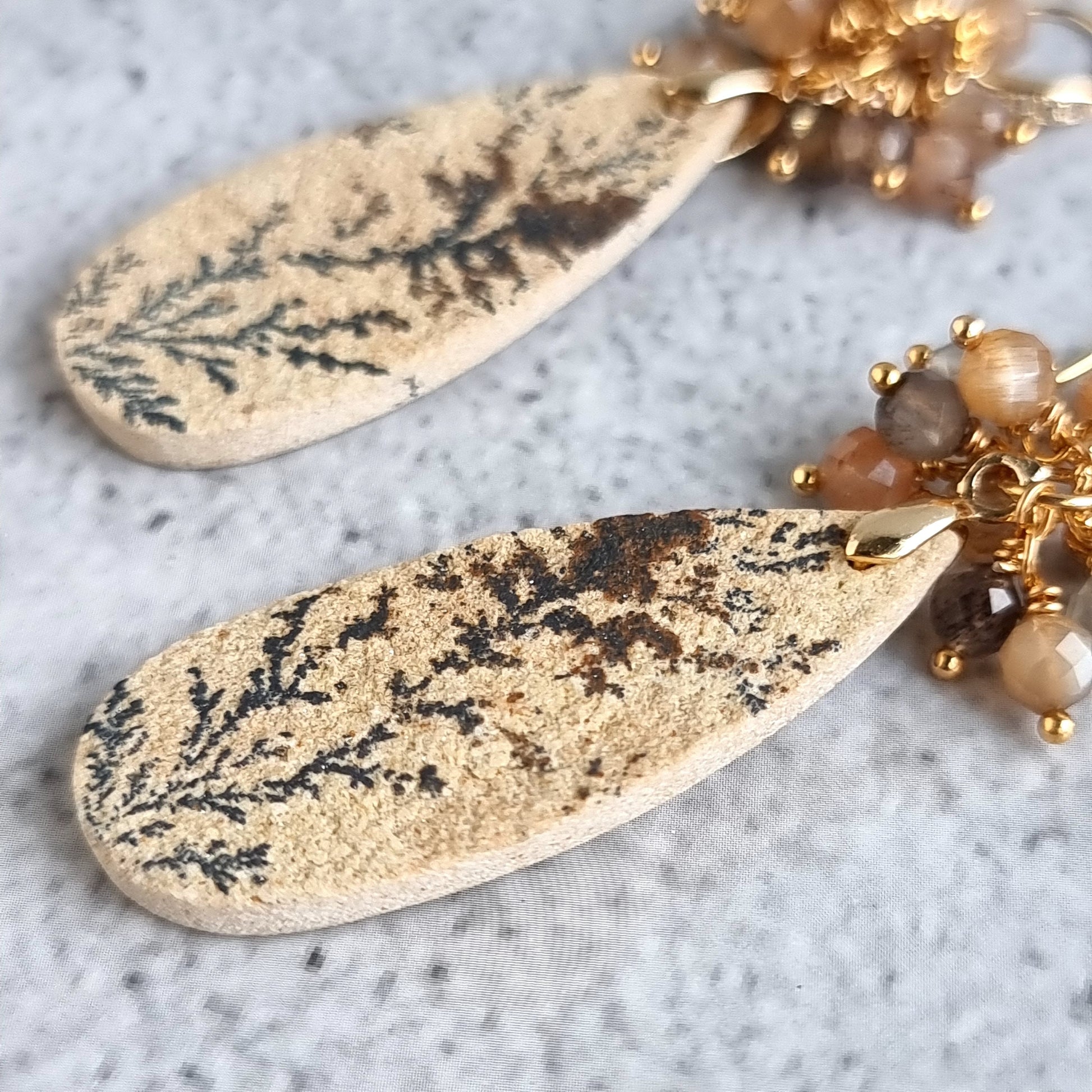 Psilomelane with multi moonstone cluster Gemstone Earrings