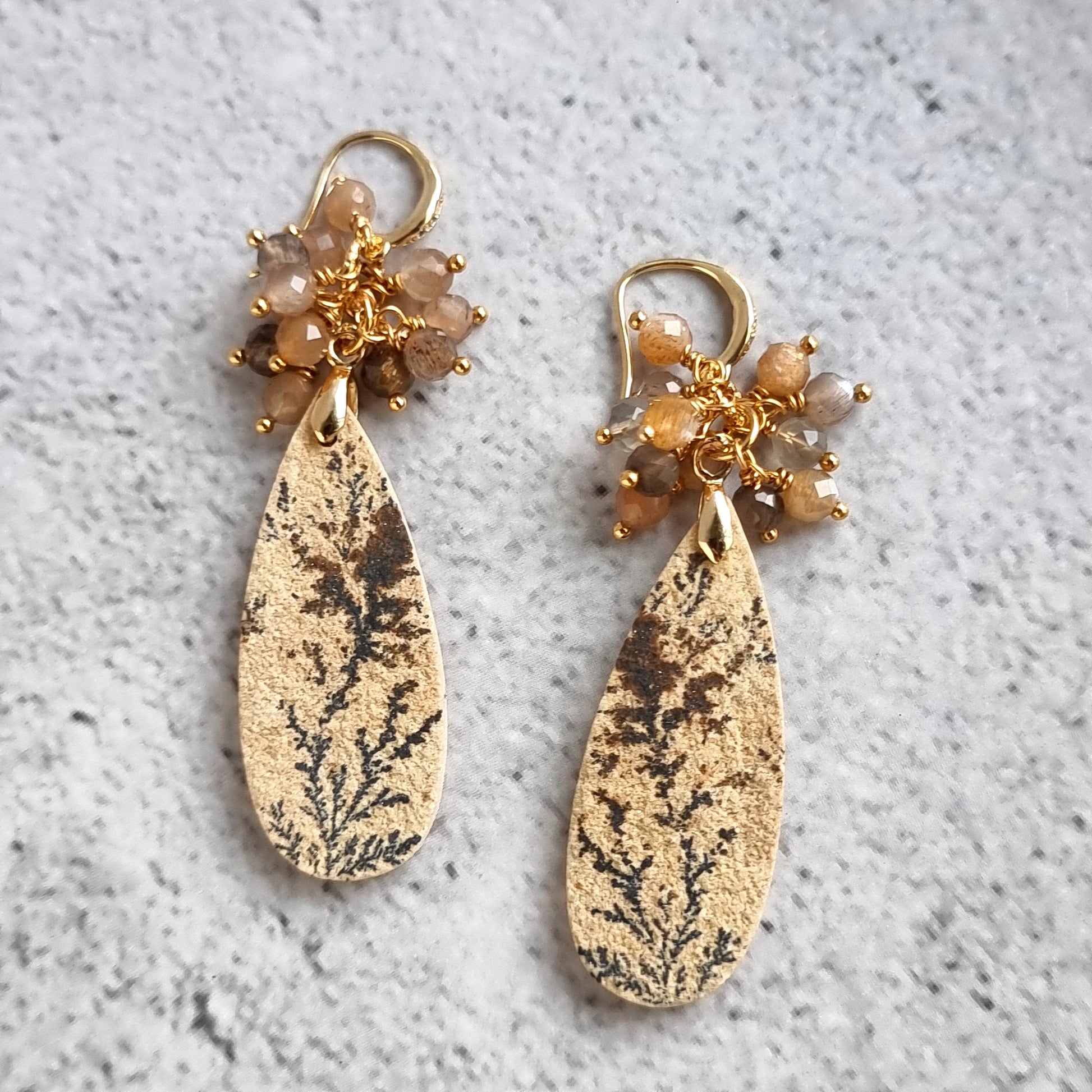 Psilomelane with multi moonstone cluster Gemstone Earrings