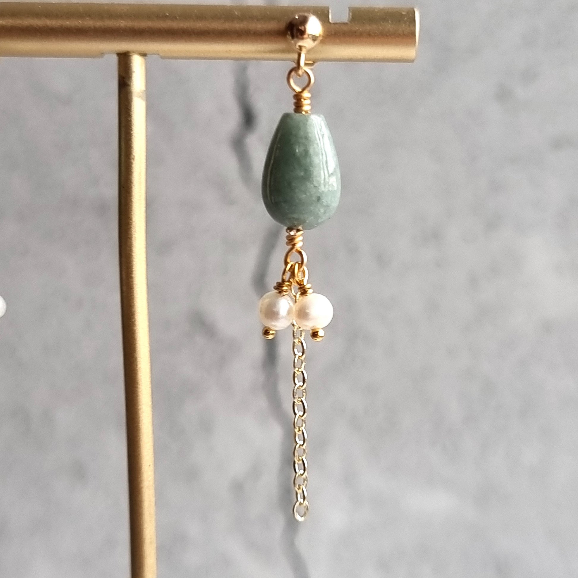 Asymmetrical Jade tear Drop with Fresh Water Pearl Trail Gemstone Earrings