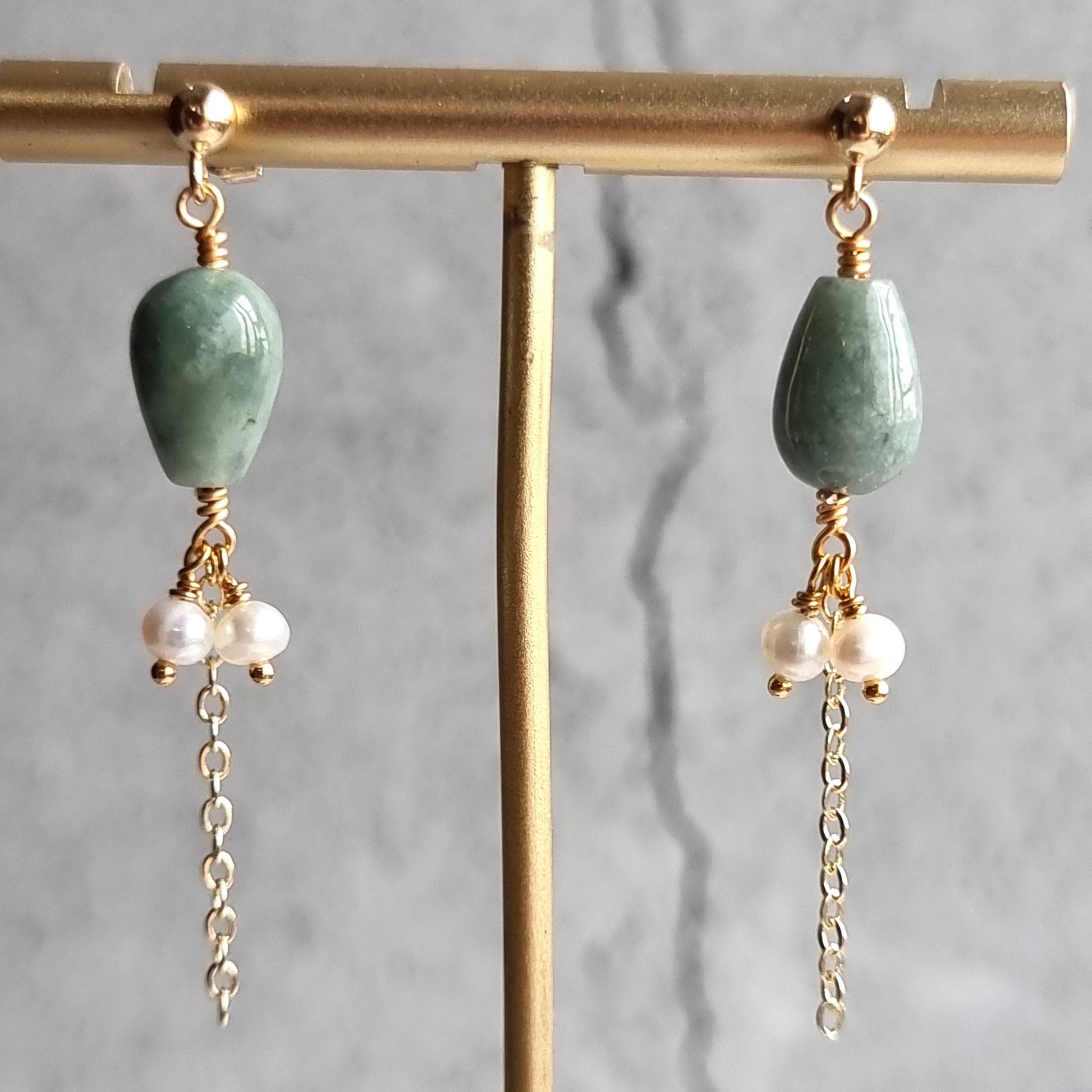 Asymmetrical Jade tear Drop with Fresh Water Pearl Trail Gemstone Earrings