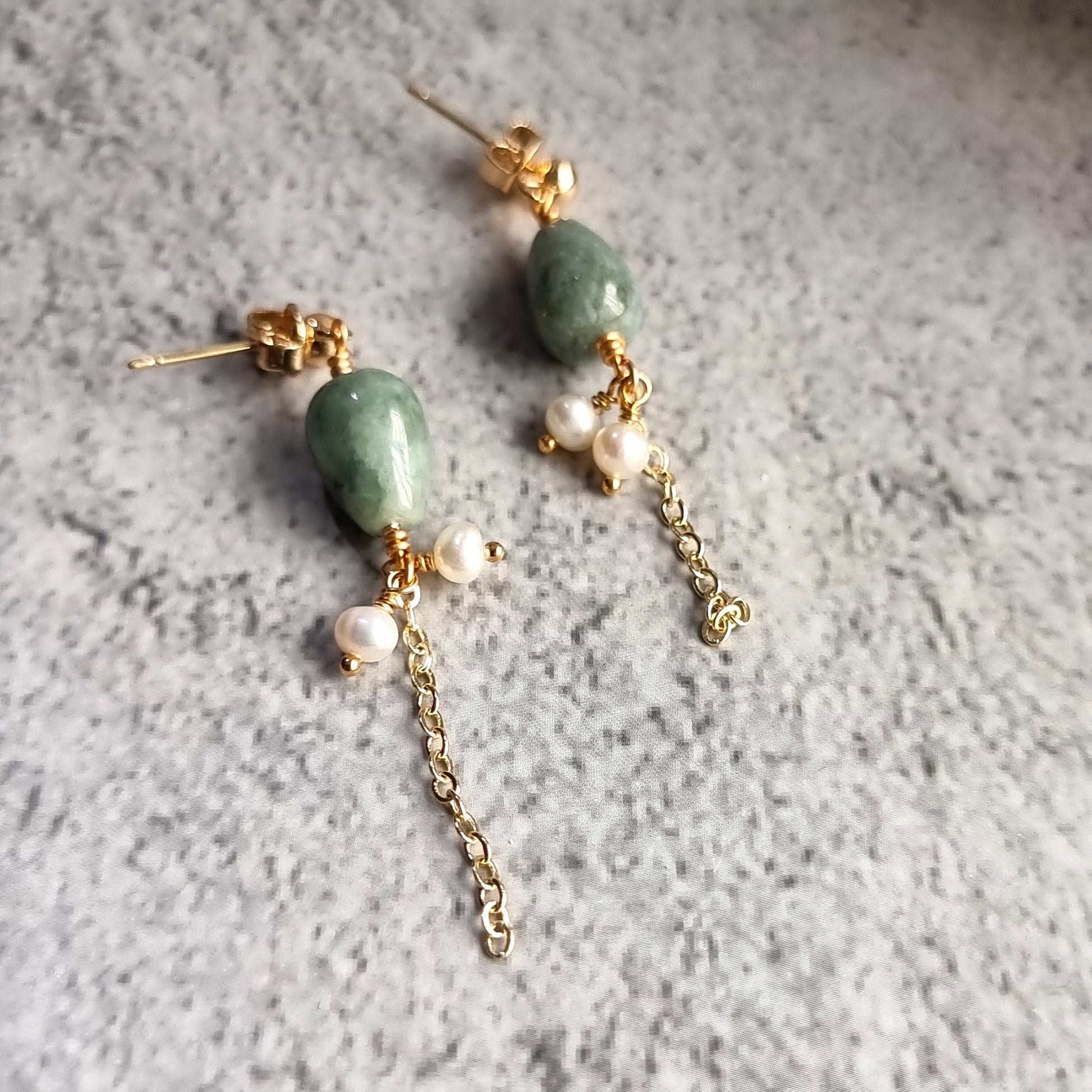 Asymmetrical Jade tear Drop with Fresh Water Pearl Trail Gemstone Earrings