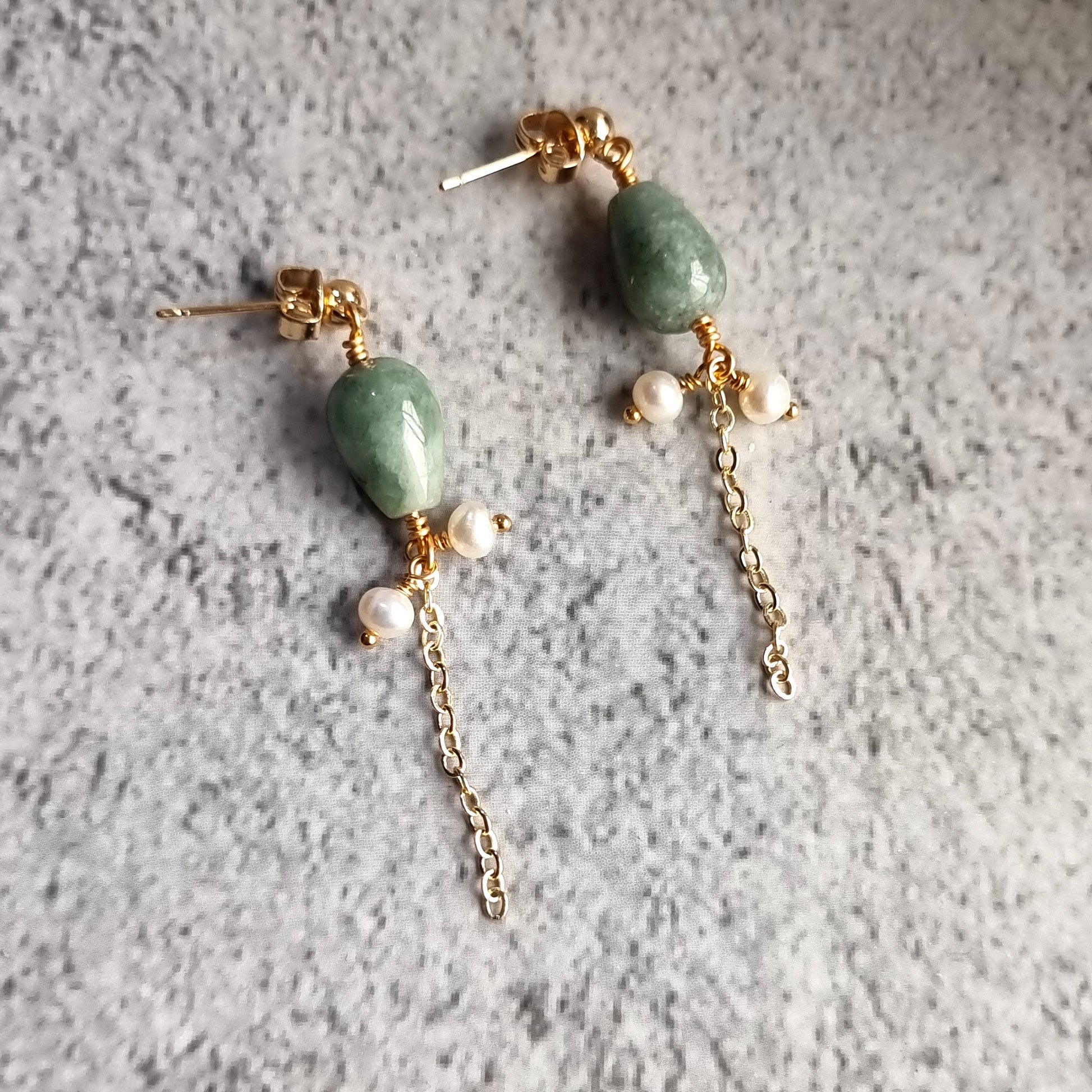 Asymmetrical Jade tear Drop with Fresh Water Pearl Trail Gemstone Earrings