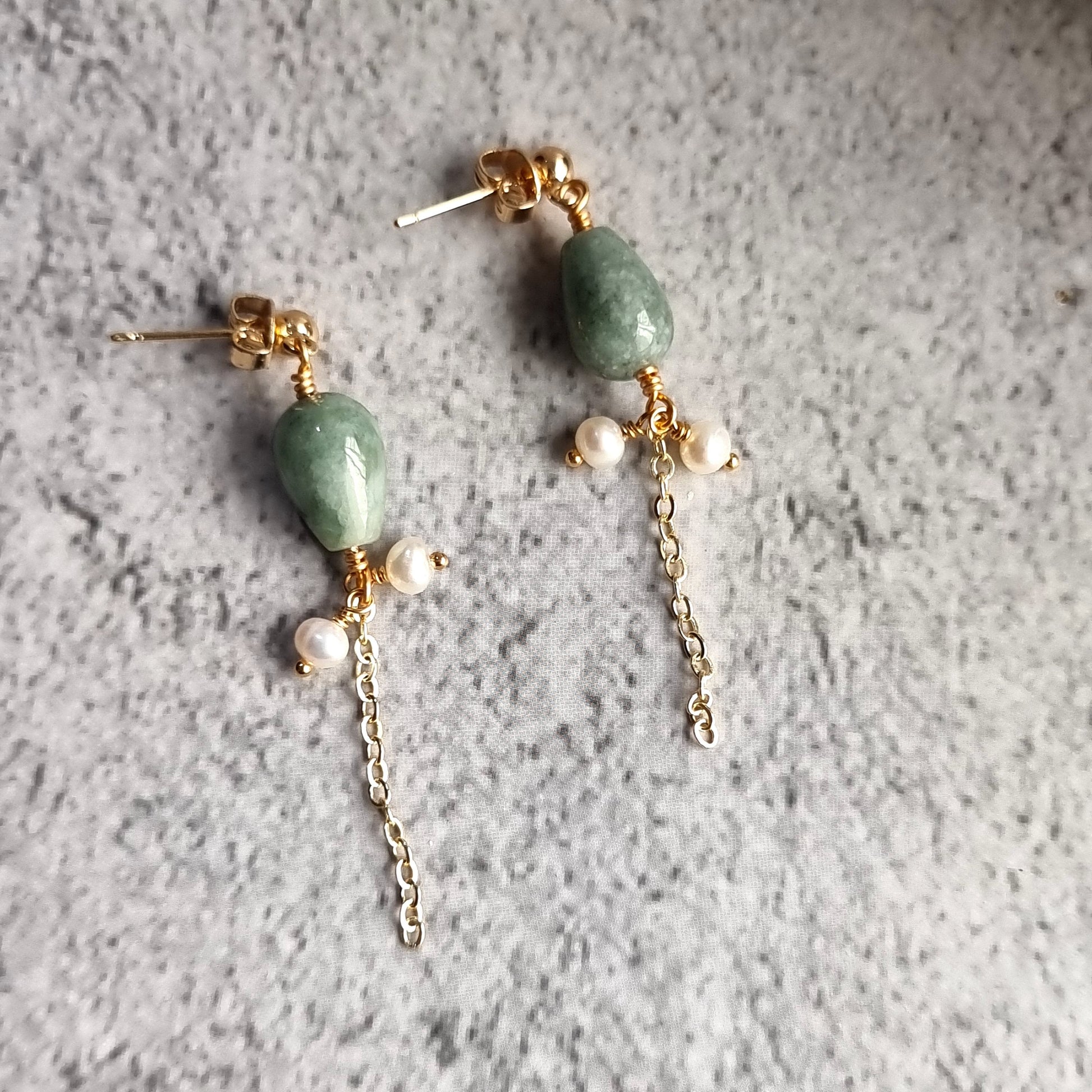 Asymmetrical Jade tear Drop with Fresh Water Pearl Trail Gemstone Earrings
