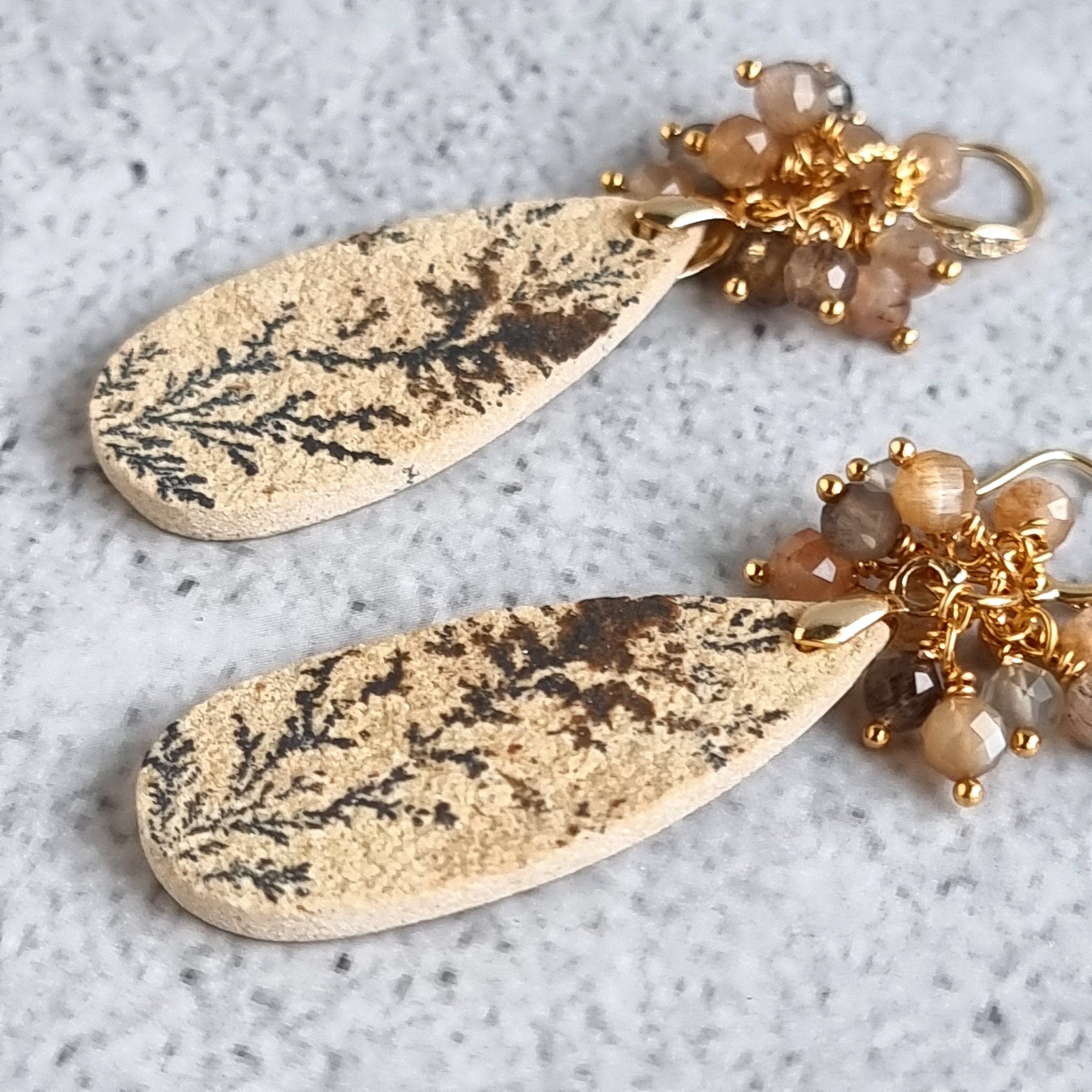 Psilomelane with multi moonstone cluster Gemstone Earrings