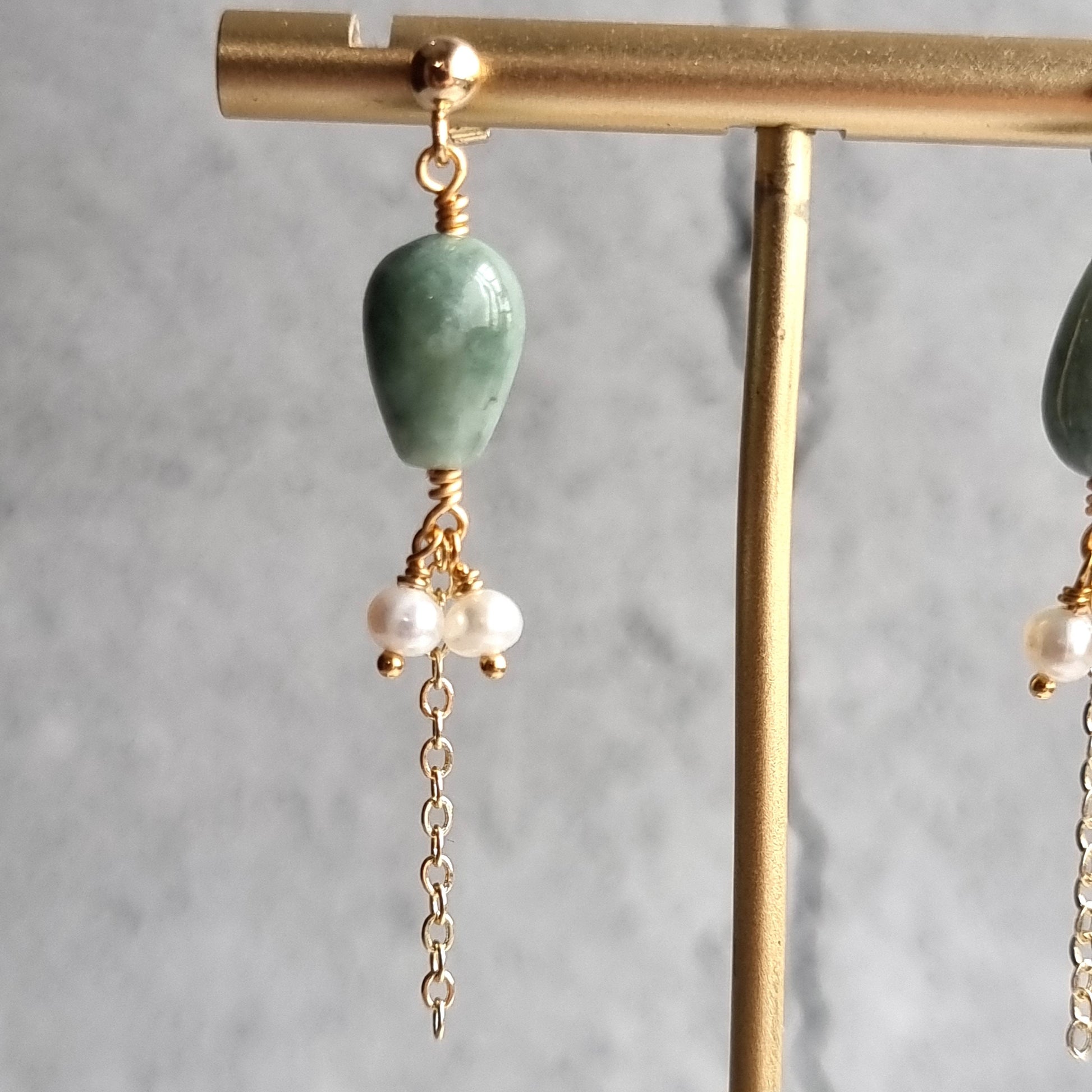 Asymmetrical Jade tear Drop with Fresh Water Pearl Trail Gemstone Earrings