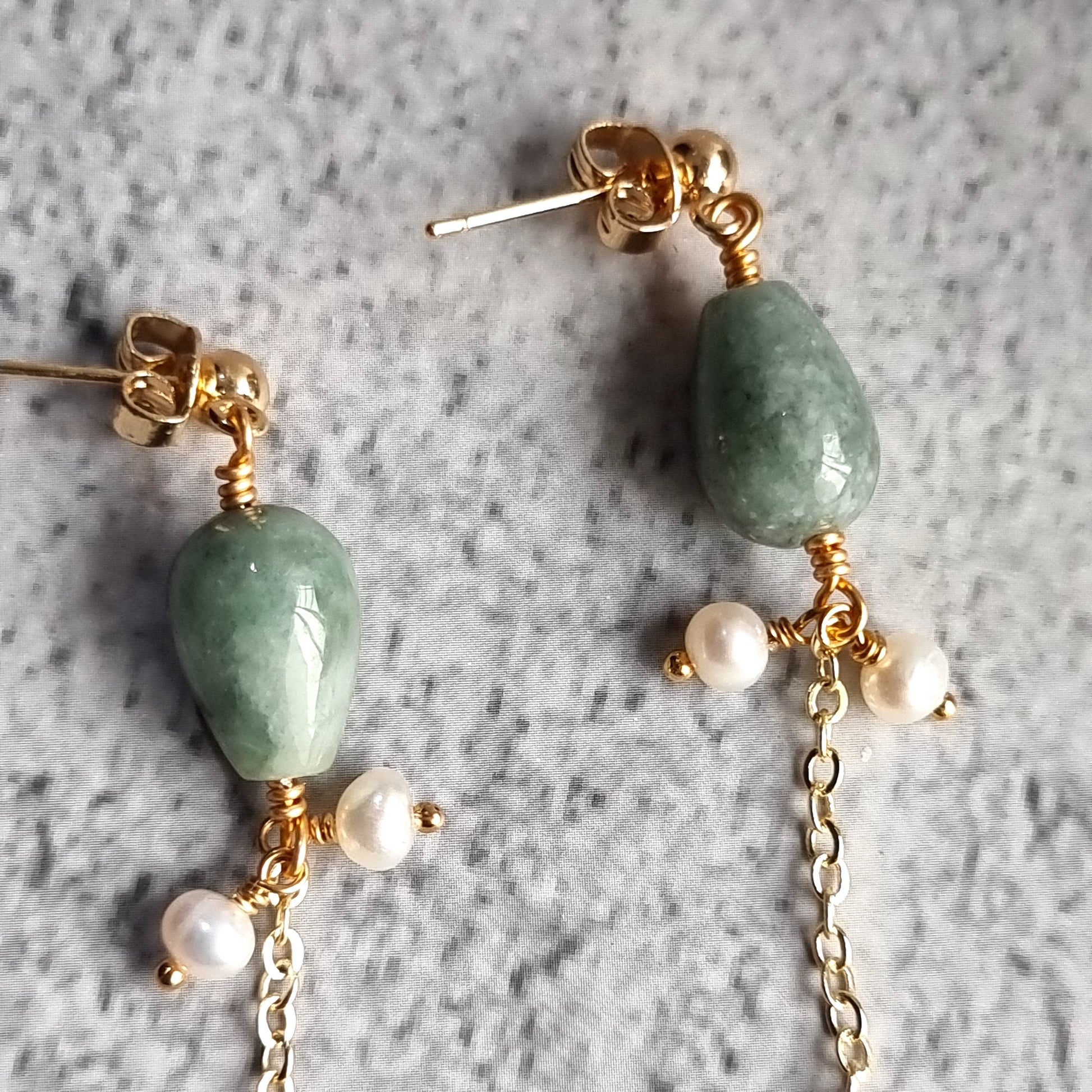 Asymmetrical Jade tear Drop with Fresh Water Pearl Trail Gemstone Earrings
