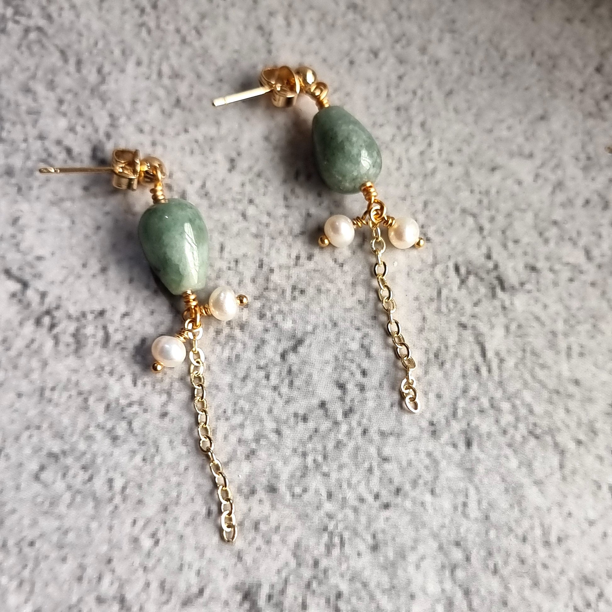 Asymmetrical Jade tear Drop with Fresh Water Pearl Trail Gemstone Earrings