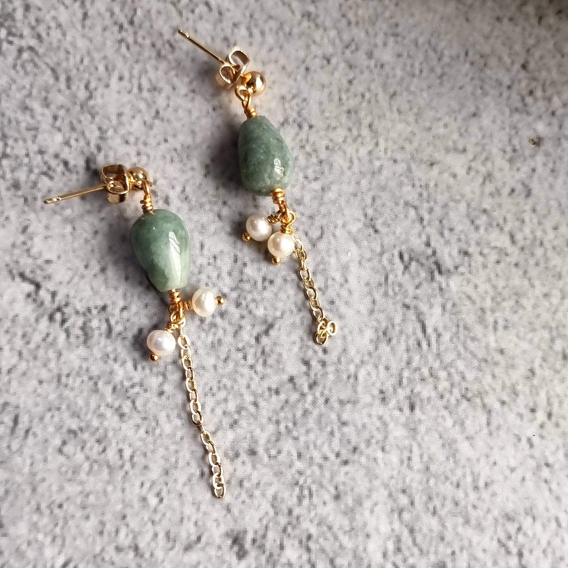 Asymmetrical Jade tear Drop with Fresh Water Pearl Trail Gemstone Earrings