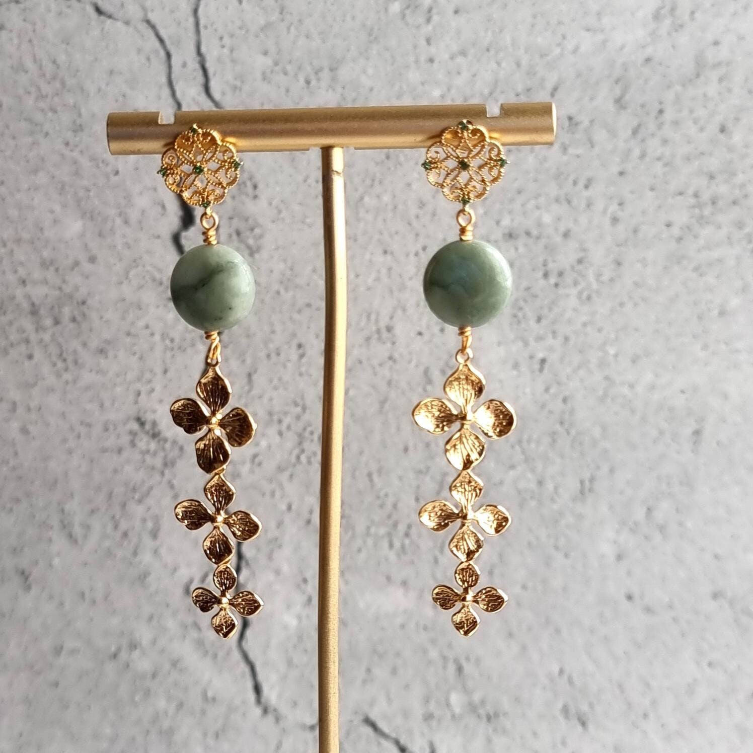 Oriental Style Coin Jade with Flower Trail Charm Gemstone Earrings
