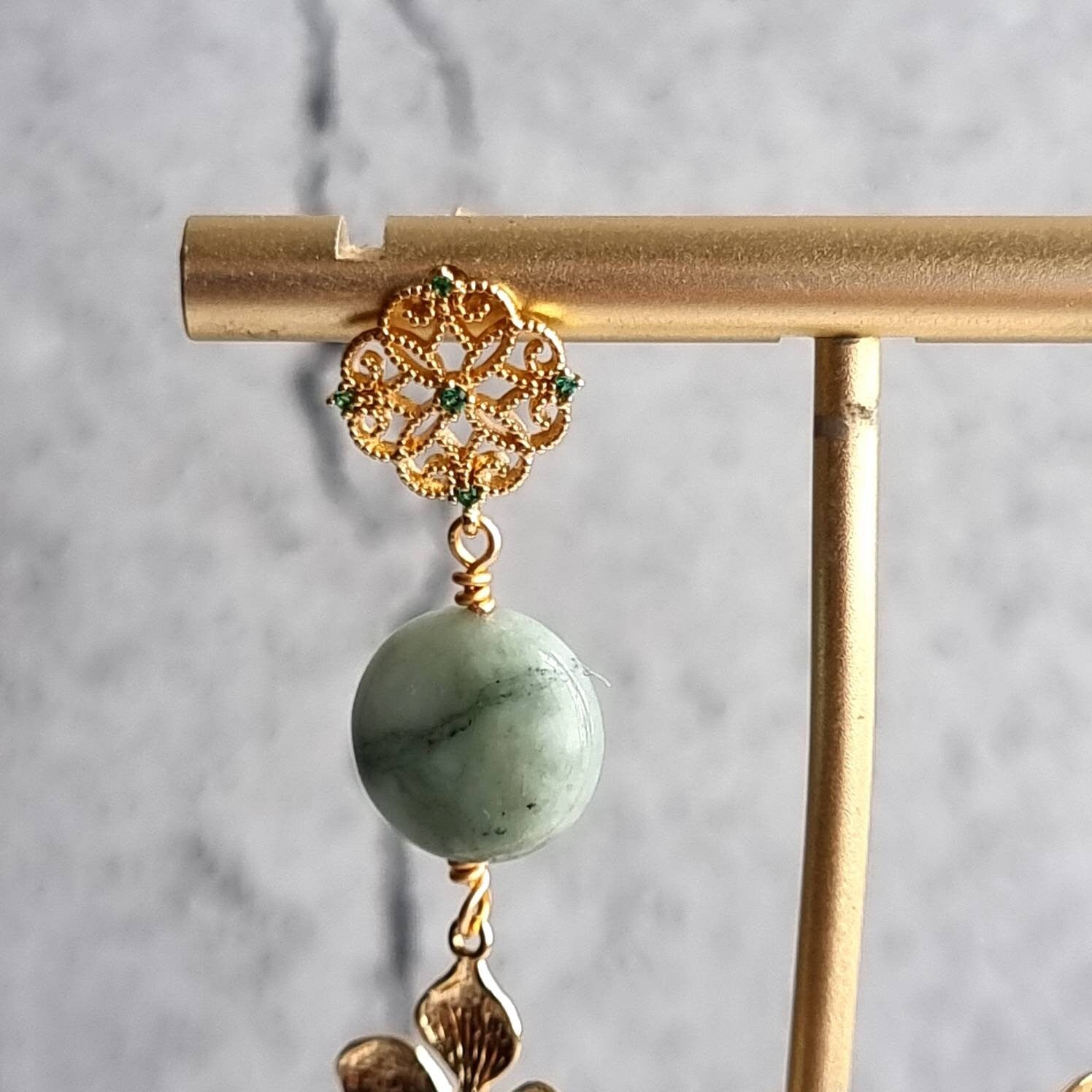 Oriental Style Coin Jade with Flower Trail Charm Gemstone Earrings