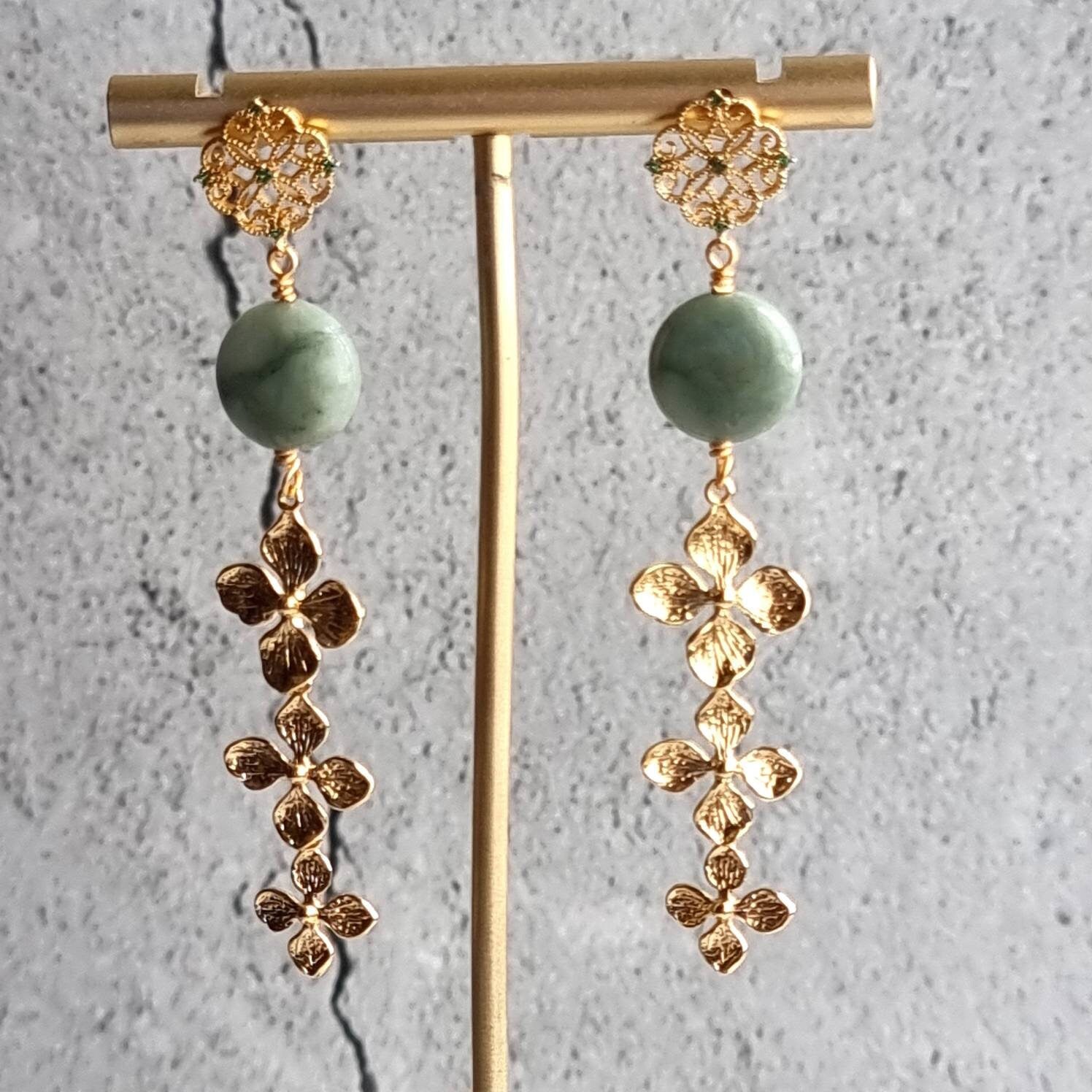 Oriental Style Coin Jade with Flower Trail Charm Gemstone Earrings
