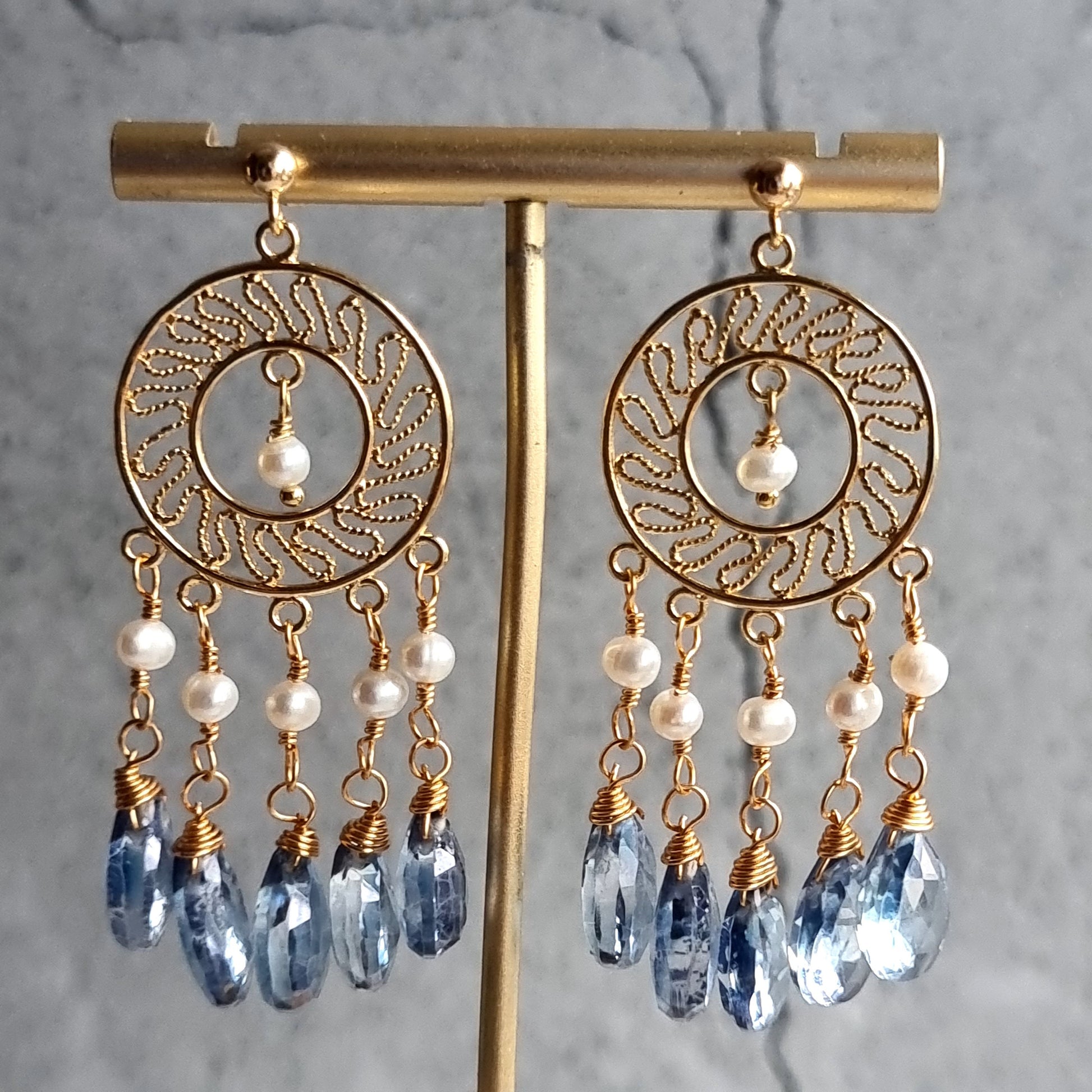 Blue Quartz with Fresh Water Pearl  Chandellier Gemstone Earrings