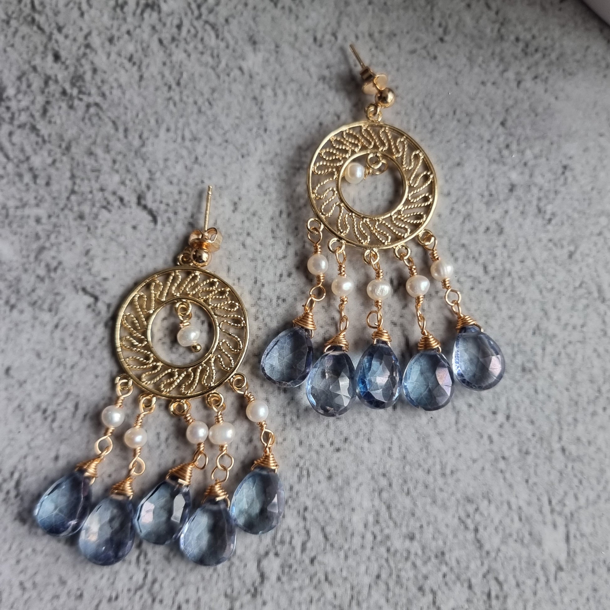 Blue Quartz with Fresh Water Pearl  Chandellier Gemstone Earrings